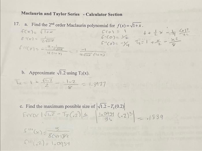 Solved Maclaurin And Taylor Series - Calculator Section 17. | Chegg.com