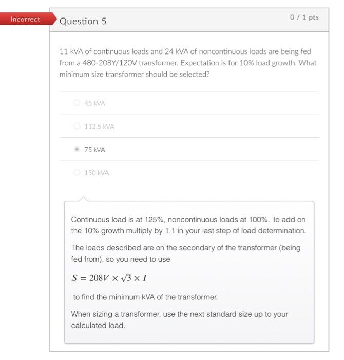 Solved 11kVA of continuous loads and 24kVA of noncontinuous
