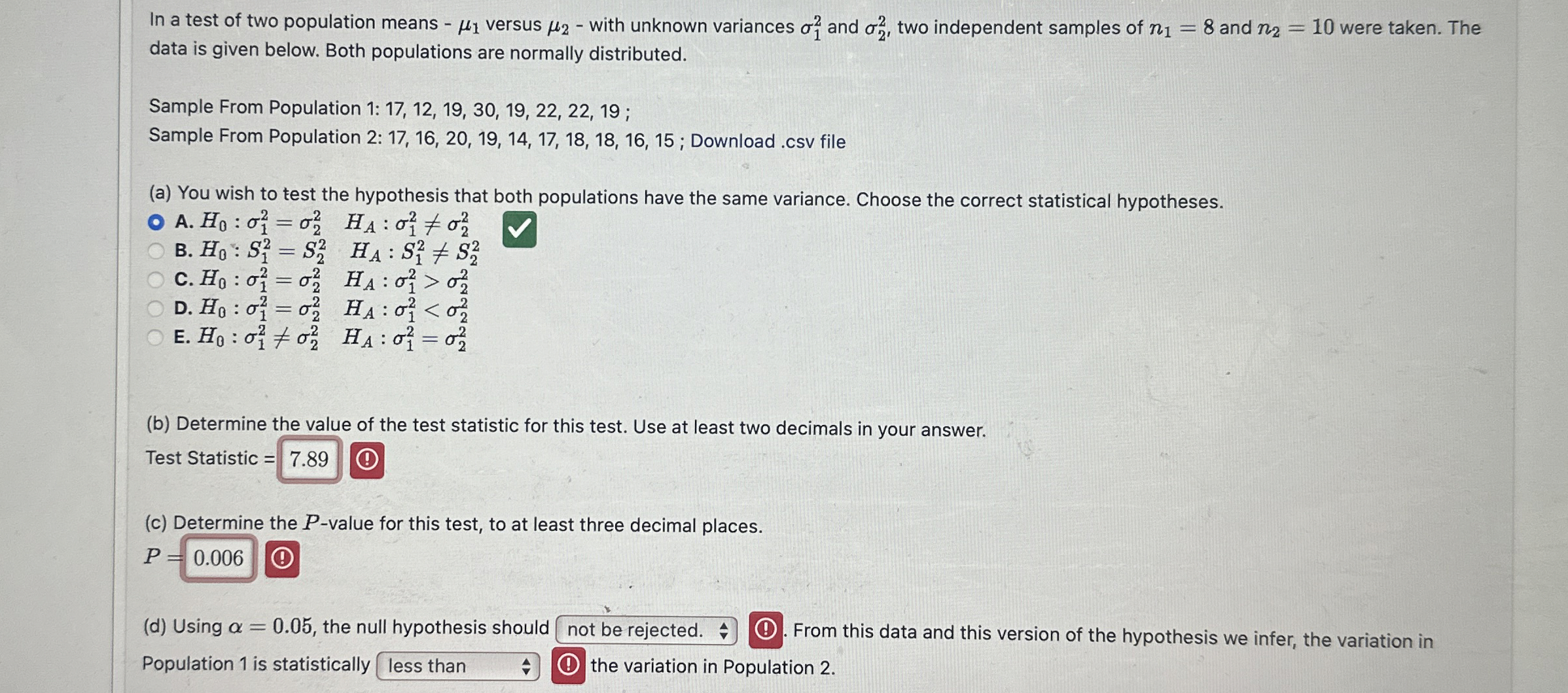 In a test of two population means μ1 ﻿versus μ2