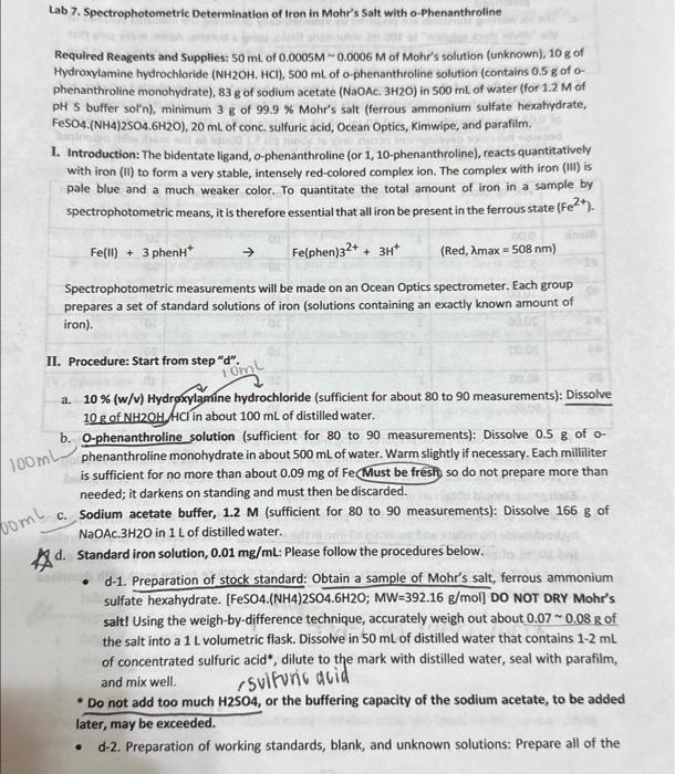 Solved Lab 7. Spectrophotometric Determination Of Iron In | Chegg.com