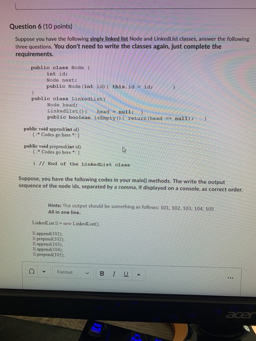 Solved Question 6 (10 points) Suppose you have the following | Chegg.com