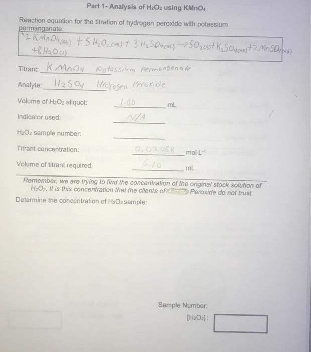 Solved Part 1 Analysis of H2O2 using KMnO4 Reaction