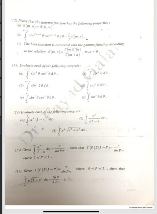 Solved (12) Prove That The Gamma Function Has The Following | Chegg.com