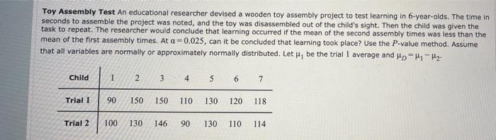 Solved Toy Assembly Test An educational researcher devised a | Chegg.com