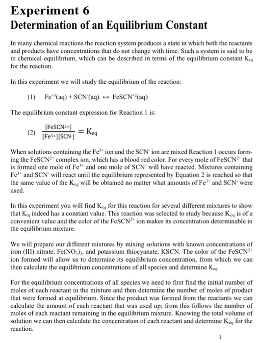 Solved Experiment 6 Determination Of An Equilibrium Constant | Chegg.com