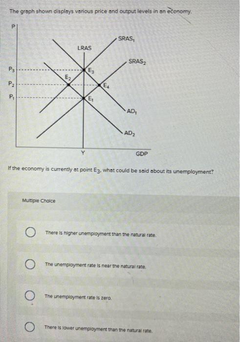 The graph shown displays various price and output levels in on economy.
If the economy is currently of point \( E_{3} \). Who
