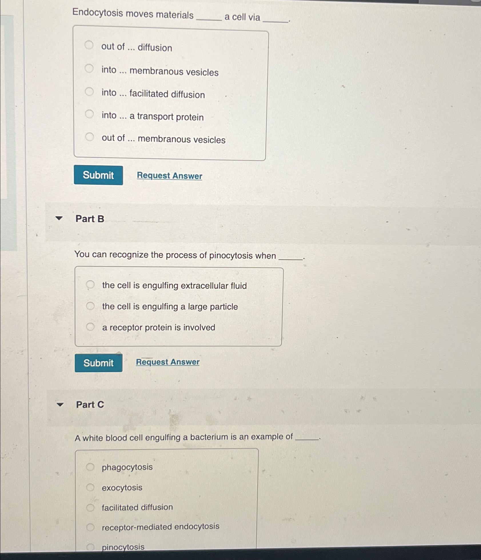 Solved Endocytosis moves materialsa cell viaout of  | Chegg.com