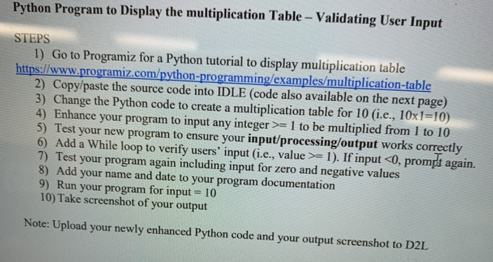 Solved Python Program to Display the multiplication Table - | Chegg.com