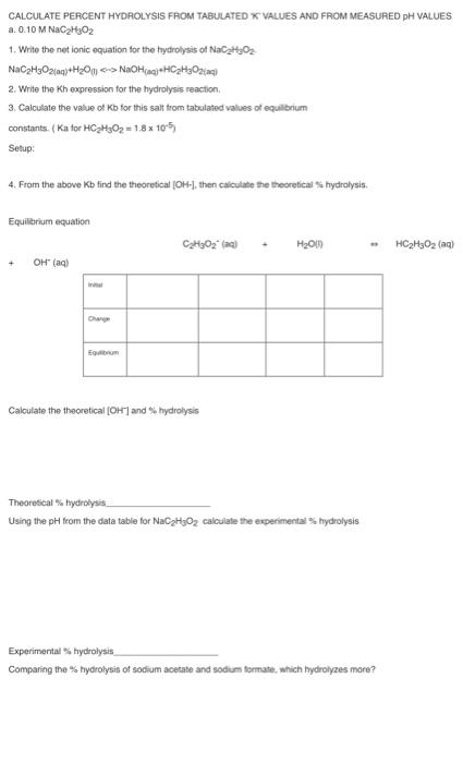 Solved CALCULATE PERCENT HYDROLYSIS FROM TABULATED K VALUES | Chegg.com