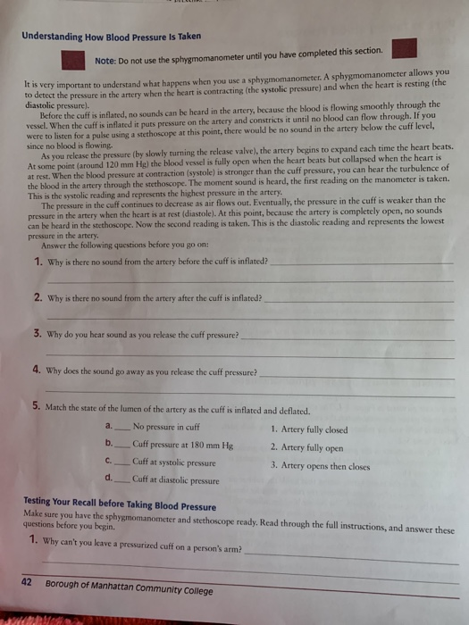Solved Understanding How Blood Pressure Is Taken Note: Do | Chegg.com
