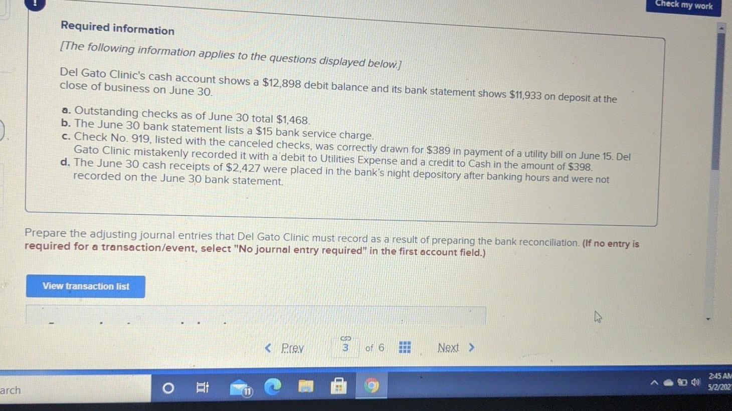 Solved ! Check my work Required information [The following | Chegg.com