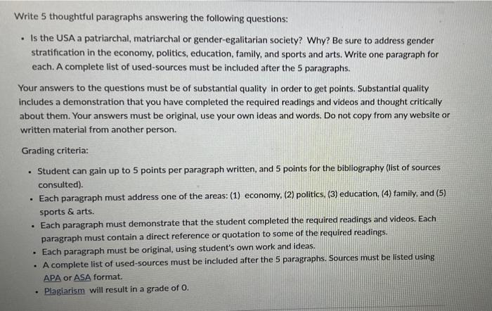 Solved Write 5 thoughtful paragraphs answering the following | Chegg.com