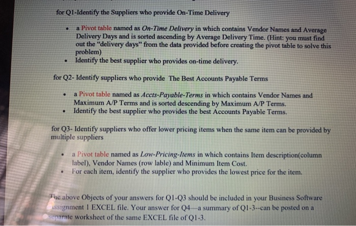 for Q1-Identify the Suppliers who provide On-Time Delivery a Pivot table named as On-Time Delivery in which contains Vendor N