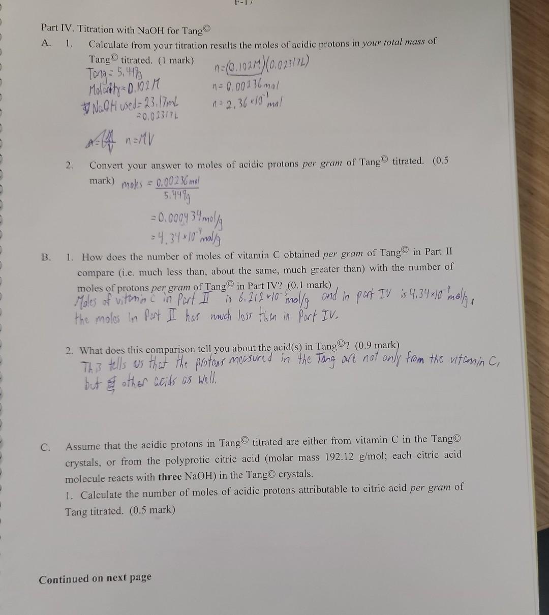 Solved part iv titration with naoh for tang c a 1 chegg