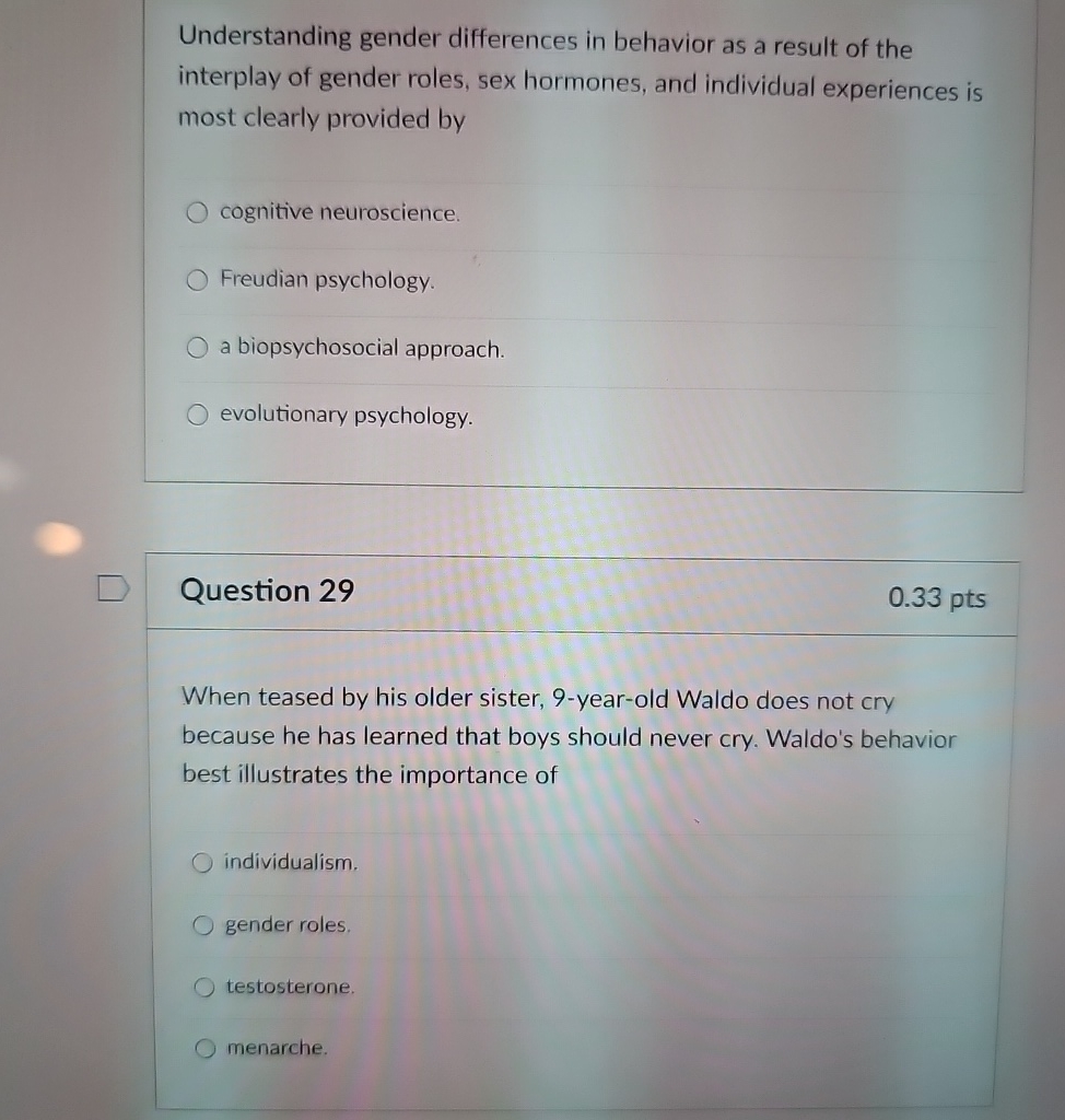 Solved Understanding gender differences in behavior as a | Chegg.com