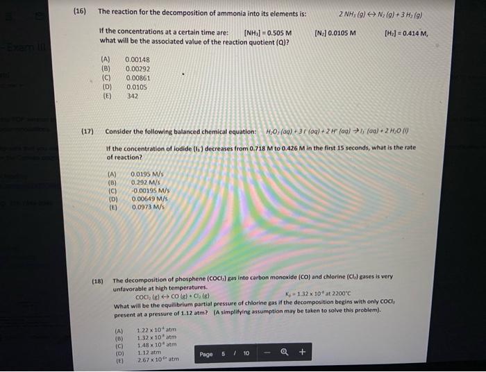 Solved (16) The reaction for the decomposition of ammonia | Chegg.com