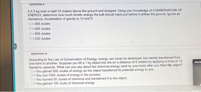 Solved A 2.2 kg rock is held 10 meters above the ground and | Chegg.com