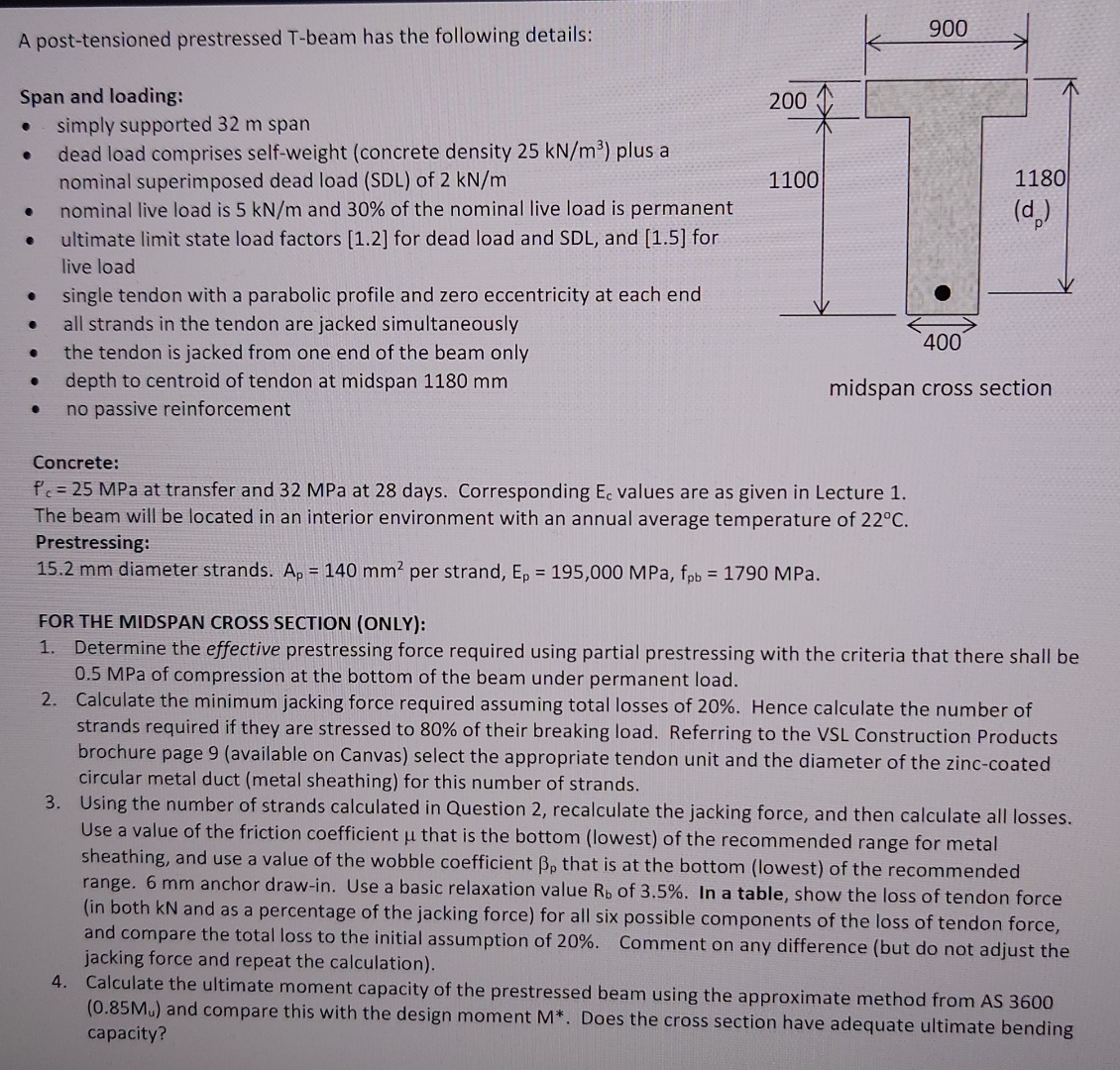 Solved A Post-tensioned Prestressed T-beam Has The Following | Chegg.com