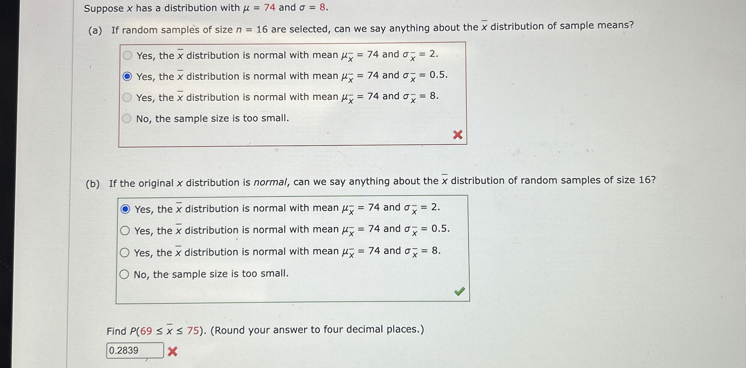 Solved Suppose x ﻿has a distribution with μ=74 ﻿and σ=8.(a)