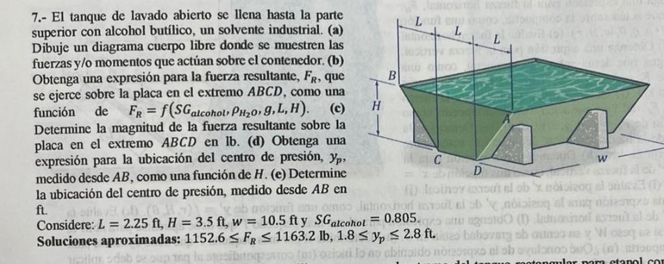 7.- El tanque de lavado abierto se llena hasta la parte superior con alcohol butilico, un solvente industrial. (a) Dibuje un