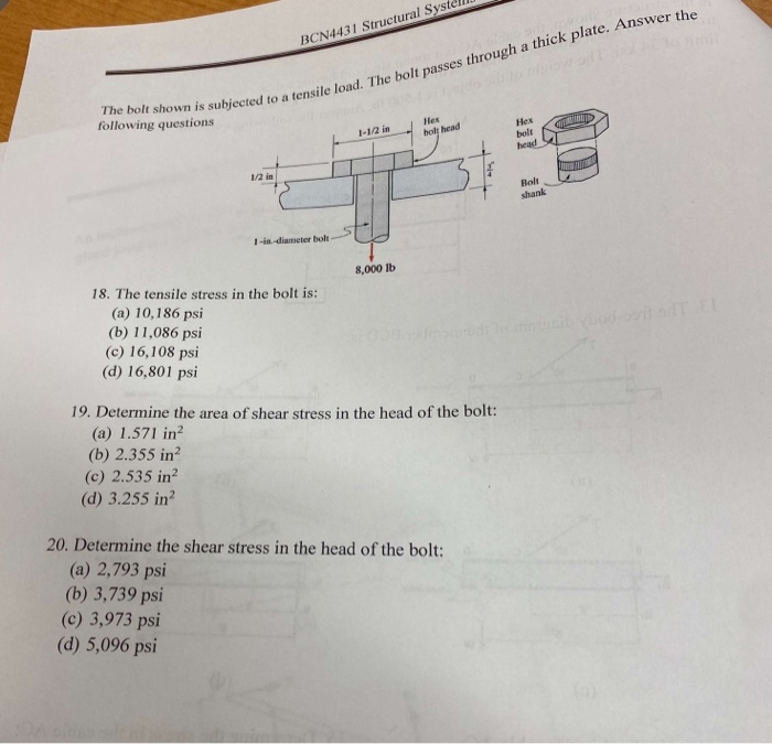 Solved BCN4431 Structural System The bolt shown is subjected | Chegg.com