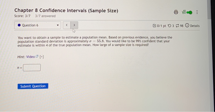 Solved Chapter 8 Confidence intervals (Sample Size) Score: | Chegg.com