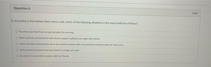 Solved Question 6 1 pts According to the Holmes-Rahe stress | Chegg.com