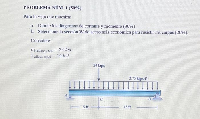 Para la viga que muestra: a. Dibuje los diagramas de cortante y momento ( \( 30 \%) \) b. Seleccione la sección W de acero má