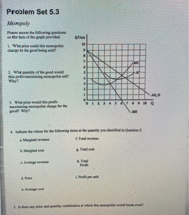 Solved Problem Set 5.3 Monopoly Please answer the following | Chegg.com