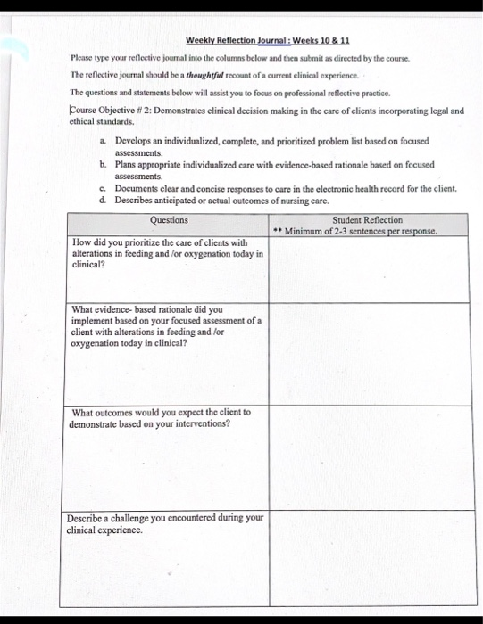 Solved Weekly Reflection Journal : Weeks 10 & 11 Please Type | Chegg.com