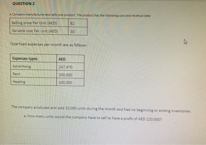Solved QUESTION 2 A Company manufactures and sells one | Chegg.com