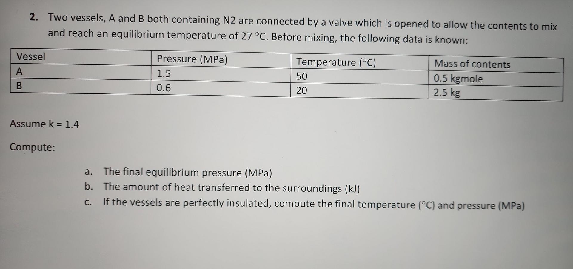 2. Two Vessels, A And B Both Containing N2 Are | Chegg.com