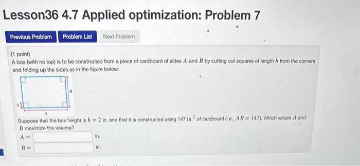 Solved Lesson36 4.7 Applied Optimization: Problem 7 (1 | Chegg.com