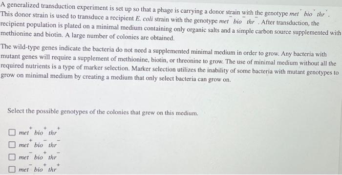 Solved A generalized transduction experiment is set up so | Chegg.com