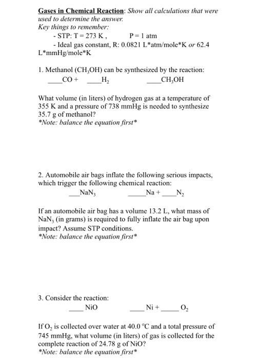 Solved Gases in Chemical Reaction: Show all calculations | Chegg.com