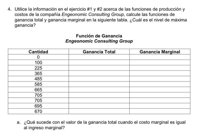 Utilice la información en el ejercicio \#1 y \#2 acerca de las funciones de producción y costos de la compañía Engeonomic Con