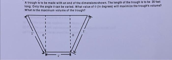 A trough is to be made with an end of the dimensions shown. The length of the trough is to be 20 feet long. Only the angle \(