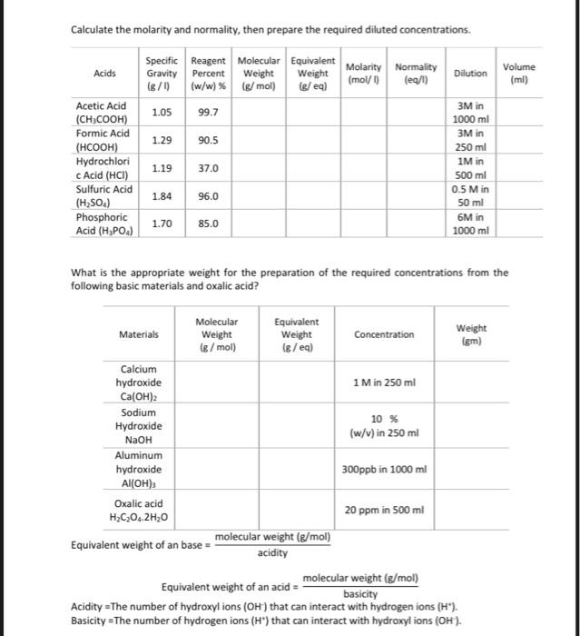 Solved Calculate the molarity and normality, then prepare | Chegg.com