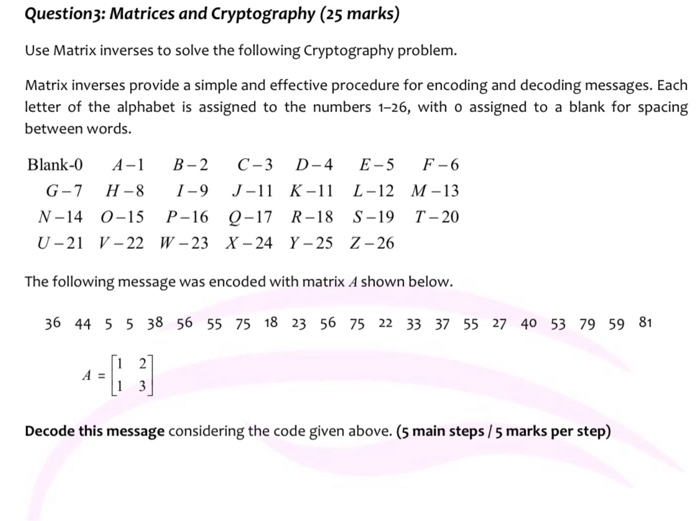 Solved Questions Matrices And Cryptography 25 Marks Us Chegg Com