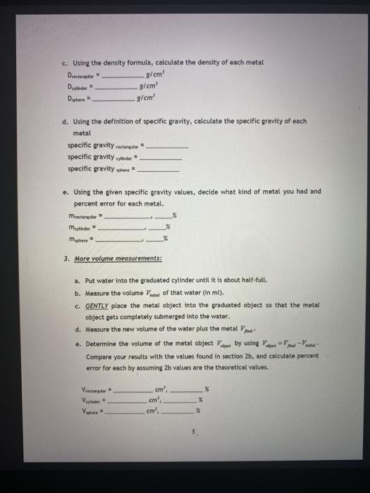 Solved g/cm c. Using the density formula, calculate the | Chegg.com