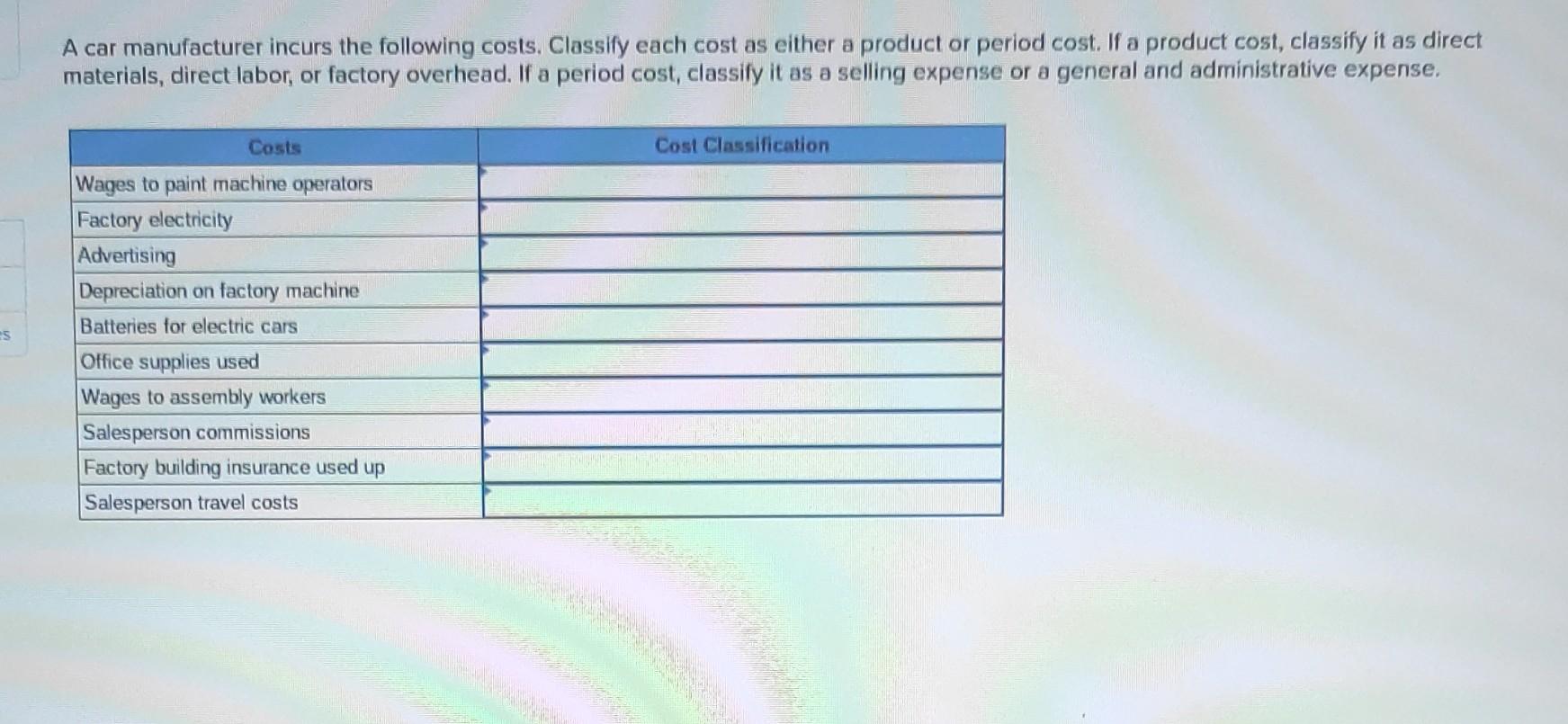 Which Of The Following Are Product Costs For A Manufacturer Solved A car manufacturer incurs the following costs. | Chegg.com