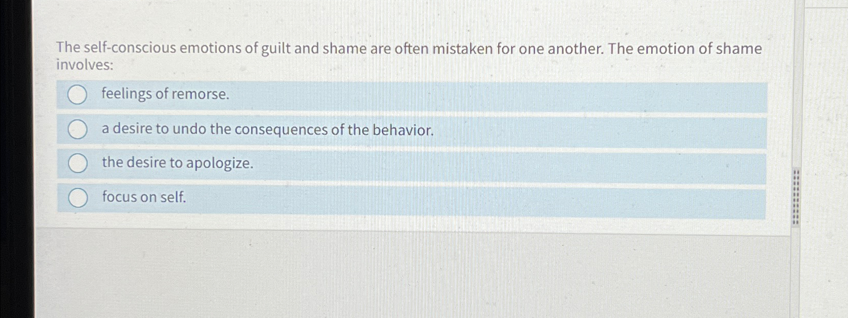 Solved The self-conscious emotions of guilt and shame are | Chegg.com