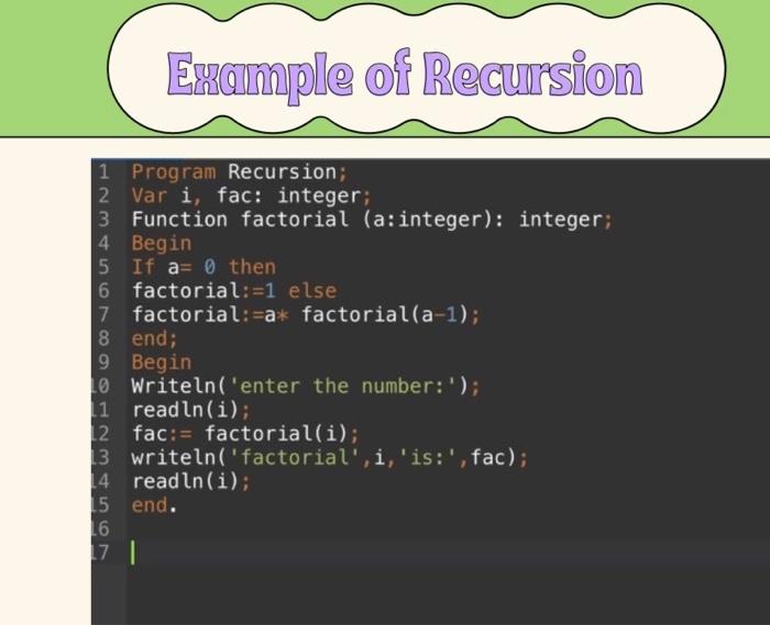 Solved Example of Recursion 1 Program Recursion; 2 Var i, | Chegg.com