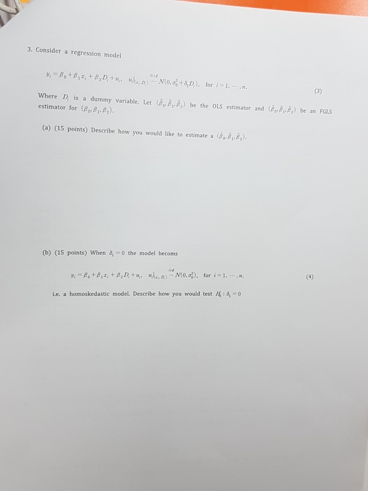 Solved 3. Consider a regression model y; = Bo+B, I; + B,D+;, | Chegg.com