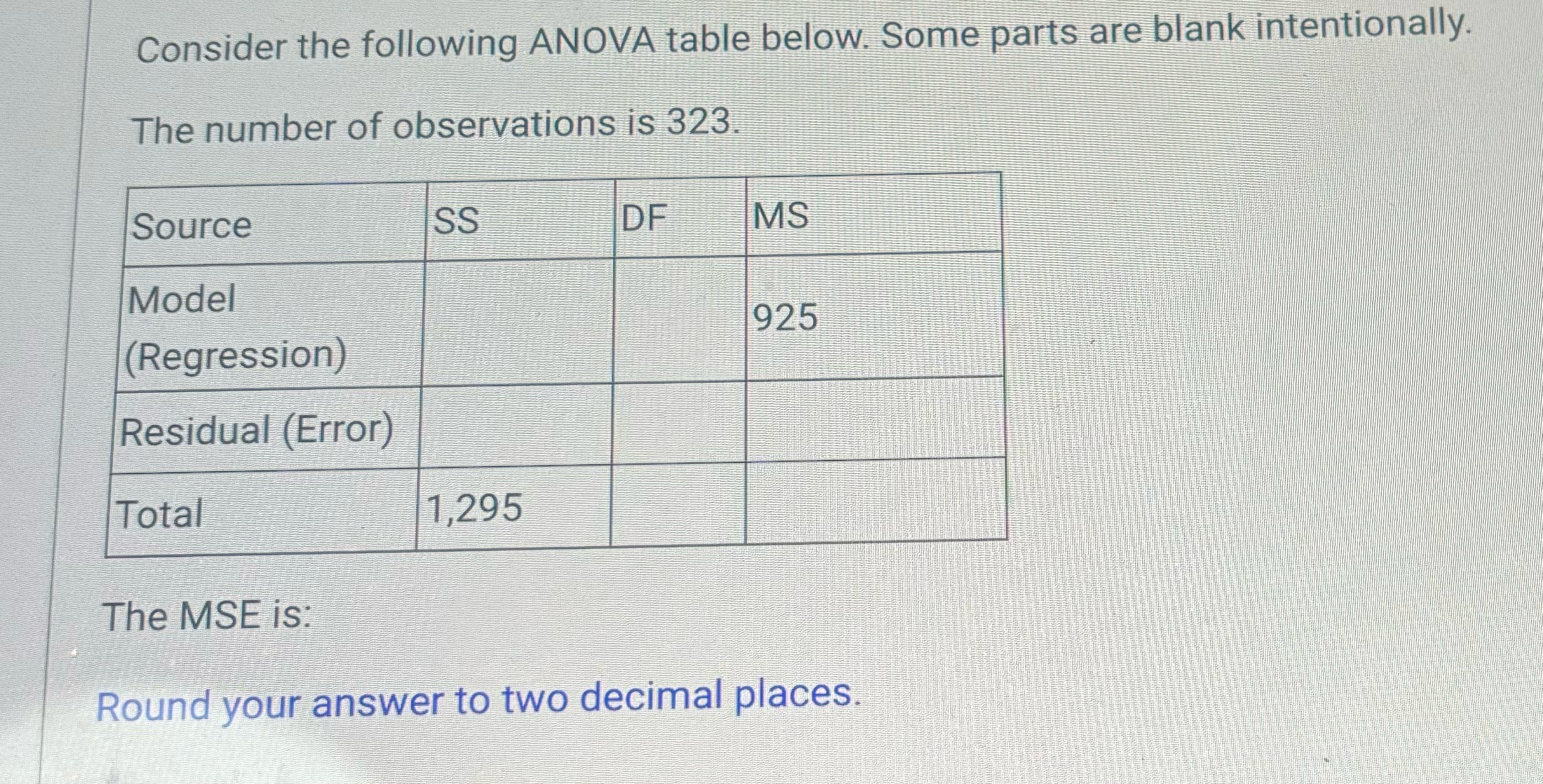 Solved Consider the following ANOVA table below. Some parts | Chegg.com