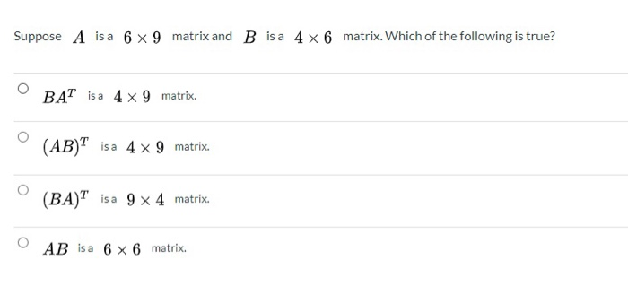 Solved Suppose A Is A 6 X 9 Matrix And B Isa 4 X 6 Matrix. | Chegg.com