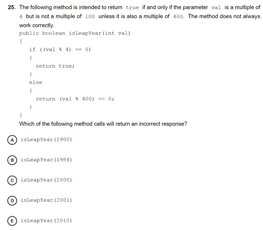 Solved 25. The following method is intended to return true | Chegg.com