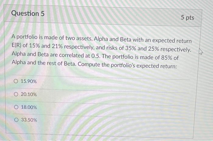 Solved Question 5 5 pts A portfolio is made of two assets, | Chegg.com