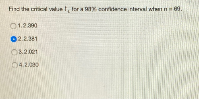 Solved Find the critical value t, for a 98% confidence | Chegg.com