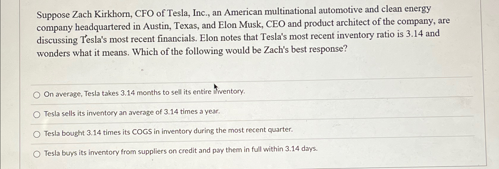 Solved Suppose Zach Kirkhorn, CFO of Tesla, Inc., an | Chegg.com